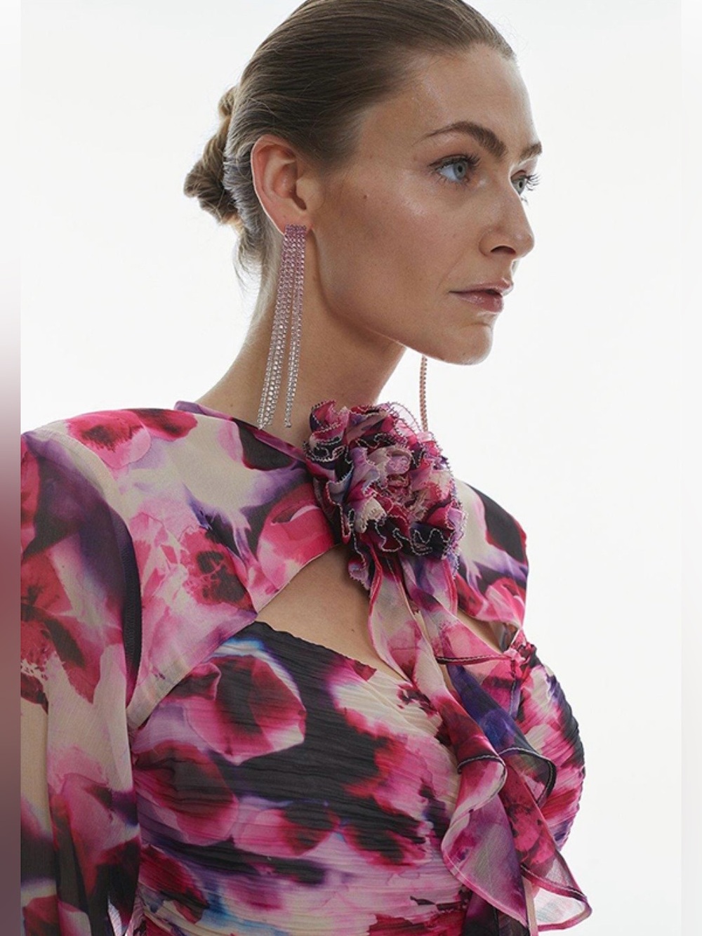 Karen Millen Pink and Purple Floral Ruched Long-Sleeve Mini Dress